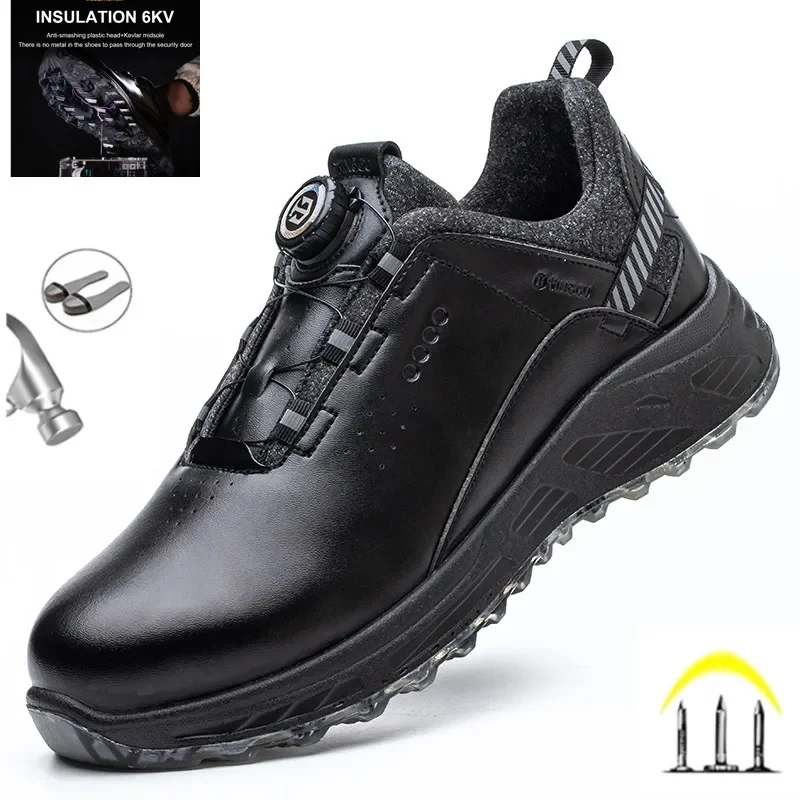

Insulation Black Leather Work Safety Shoes For Men Anti Smashing Steel Toe Cap Boots Non-slip Indestructible Male Footwear