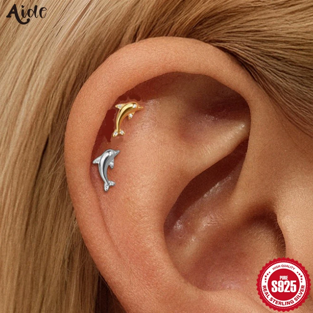 Aide 925 Sterling Silber Modische Einfache Glänzende Goldene Ozean-Delfin Ohrstecker für Frauen Niedlicher Schicker Party-Piercing-Schmuck 1 Stück