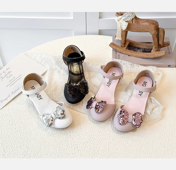 Bling Sequins Dance Pump Shoe Kid Girl Elegant Round Toe Bowknot Design Heel Shoes Kids' versatile Party Dress Princess Zapato