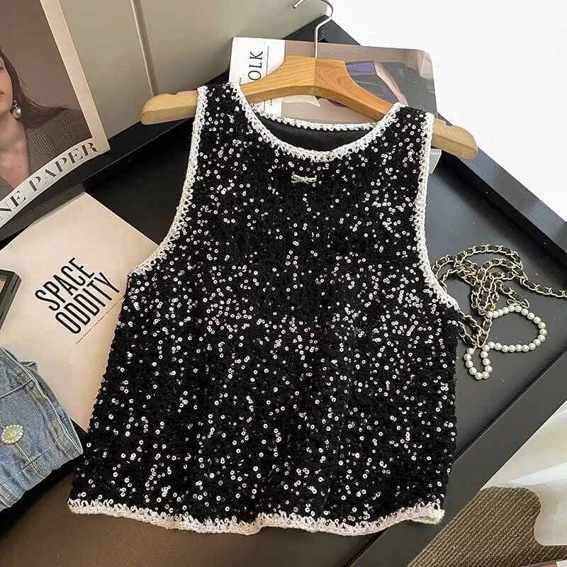 Women Sequin Tank Top Summer 2024 New High Quality 100% Linen Celebrity Sling Tops Ladies Knitted Solid exy T Shirt F112