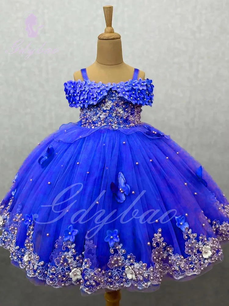 

Royal Blue Applique Flower Girl Dress For Wedding Puffy Sleeveless Pearls Baby Kids Birthday Party Ball First Communion Gowns