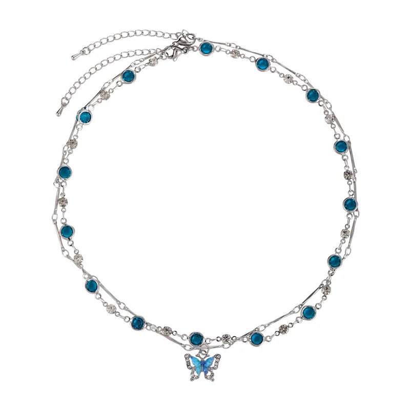 Double Layer Rhinestone Necklace Blue Butterfly Pendant  Collarbone Choker Beach Vacation Trendy Elegant Jewelry for Women