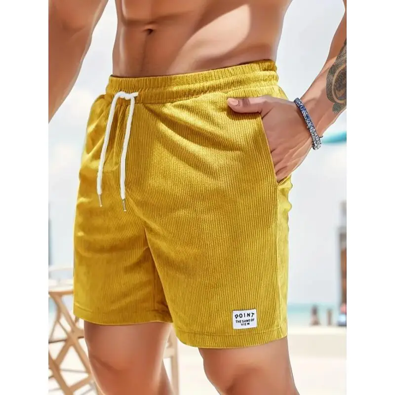 

2025 New Quality Amazon Summer Solid Color Lace Up Sports Pants Corduroy Minimally Five Cent Shorts Men's Shorts Casual Shorts