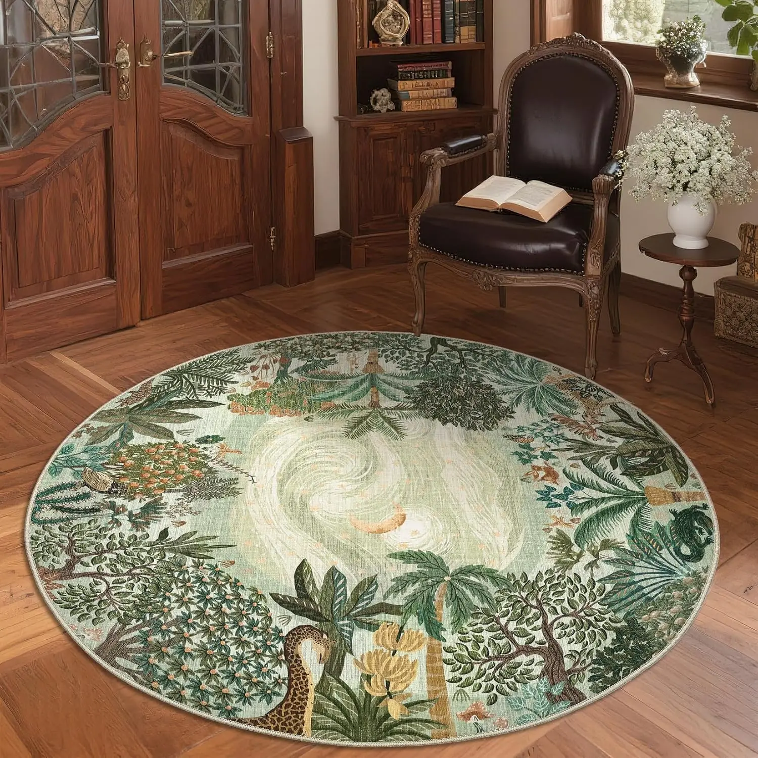 Jungle Scene Round Rug Tropical Forest with Giraffe and Palm Trees for Bold Interior