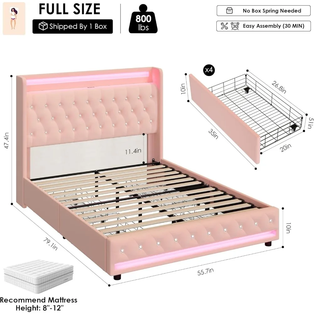 HIFIT Upholstered Full Size LED Bed Frame with Charging Station & 4 Storage Drawers, Velvet Crystal Button-Tufted Wingback Headb