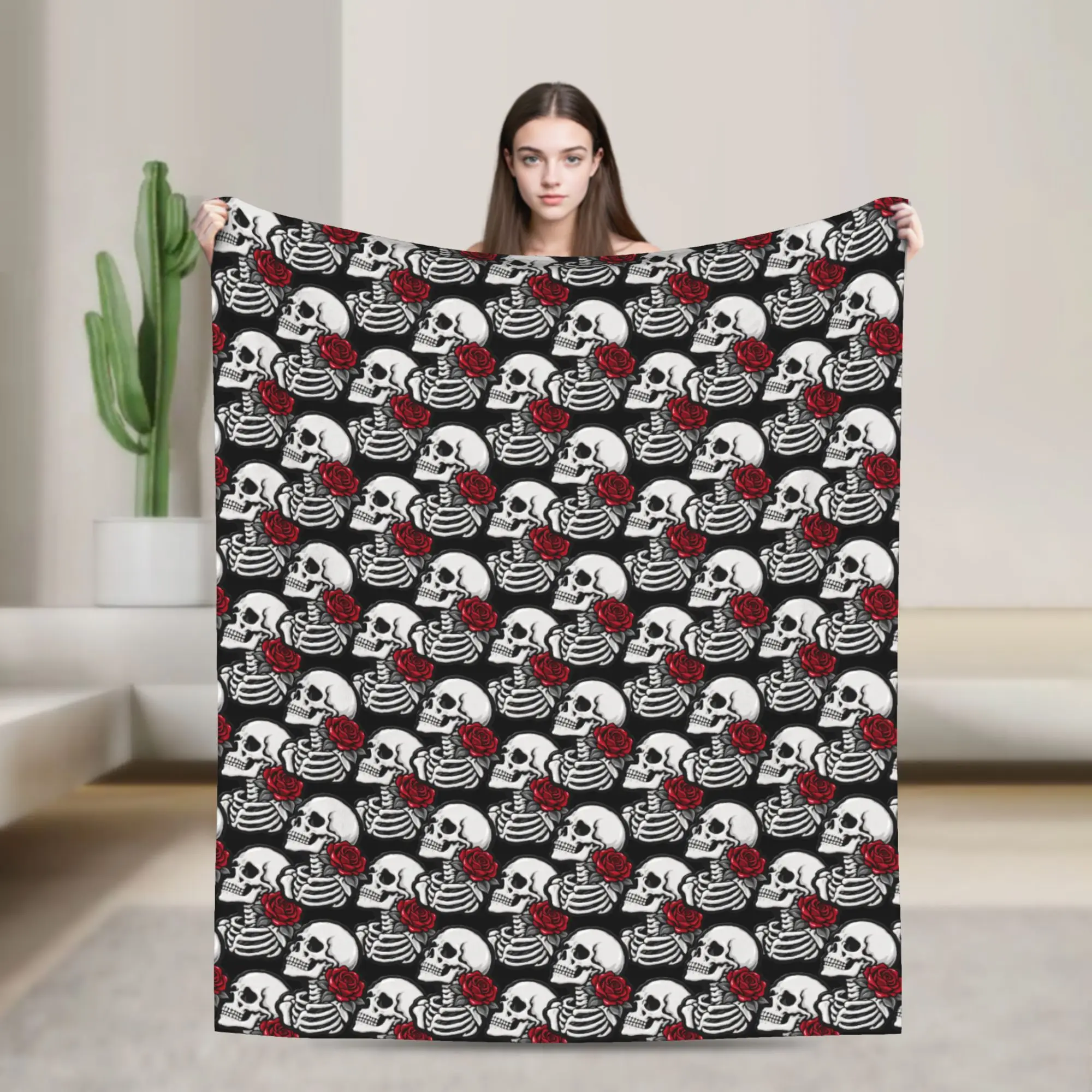 Halloween Theme Skeleton Bust Red Rose Soft Blankets  Kids Plush Throw Blanket Fluffy Couch Bed Flannel Bedspread Sofa Bed Cover