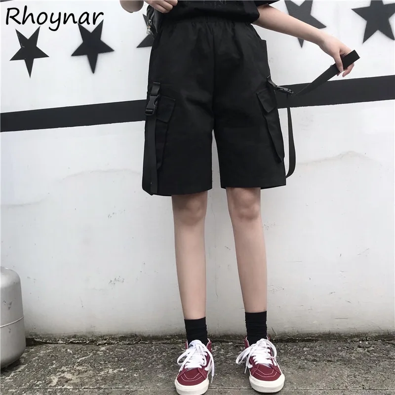 Solid Shorts Women High Street Leisure Daily All-match Elastic Wide Leg Korean Style Pockets Trendy Loose Cool Students Summer