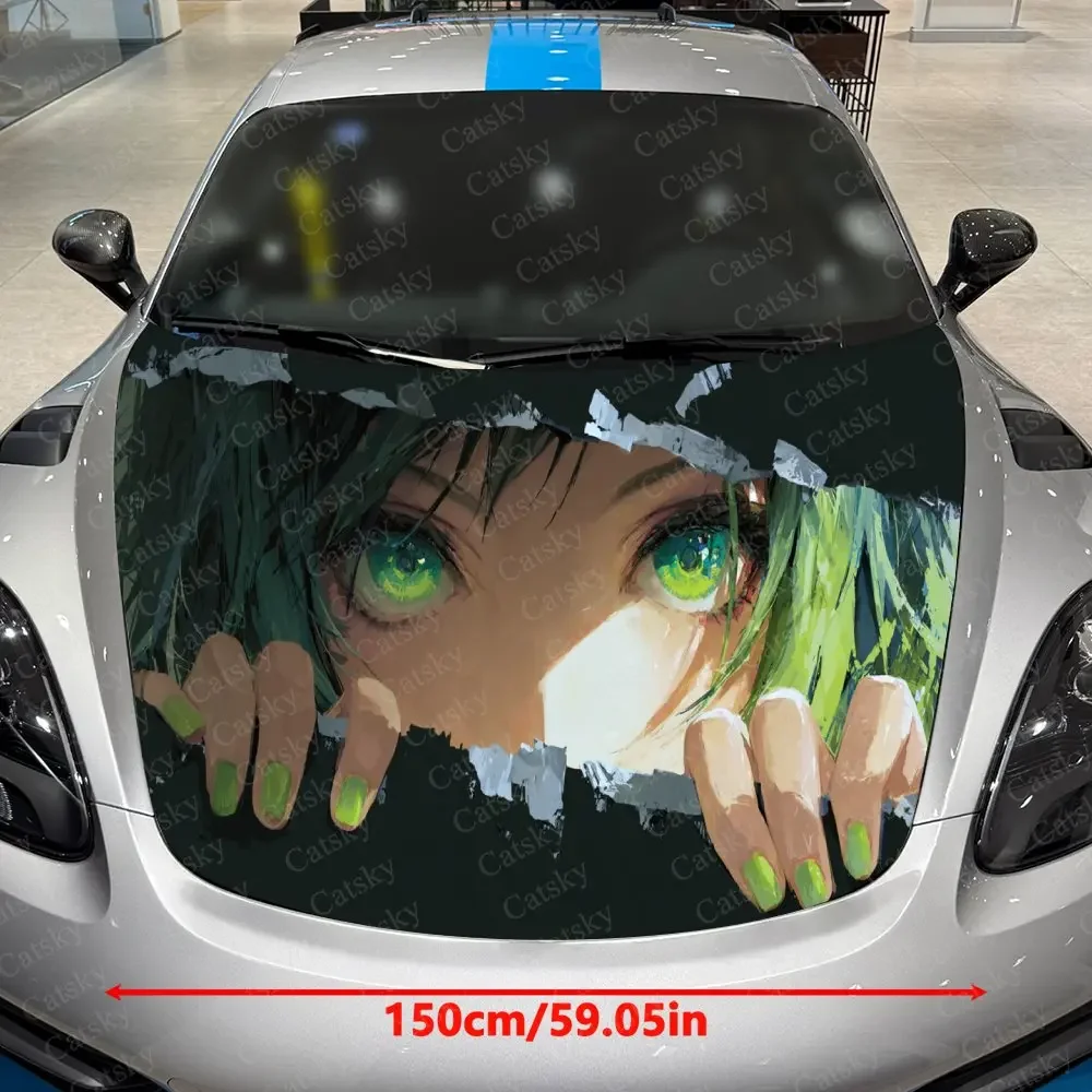 Half-Hidden Anime Girl Car Vinyl Wrap, PVC Waterproof Car Hood Sticker, Self-Adhesive Scratch-Resistant Stickers