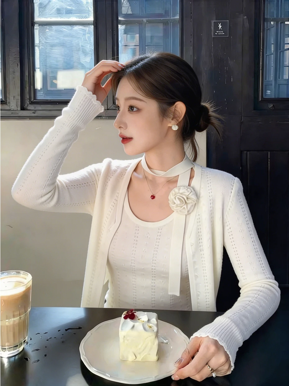 White Knitted Hollow out Cardigan with Strap Women's Summer Outerwear Unique Beautiful Top Polyester Fiber Long Sleeve Slim Fit view 3