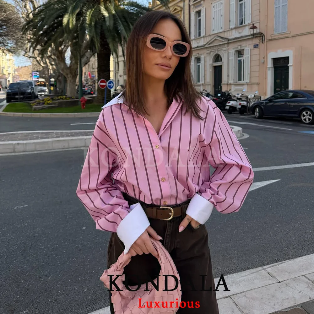 KONDALA Vintage Chic Damenbluse Rosa Gestreift Umlegekragen Langarm Einreihige Bluse Mode 2026 Urlaubsbluse
