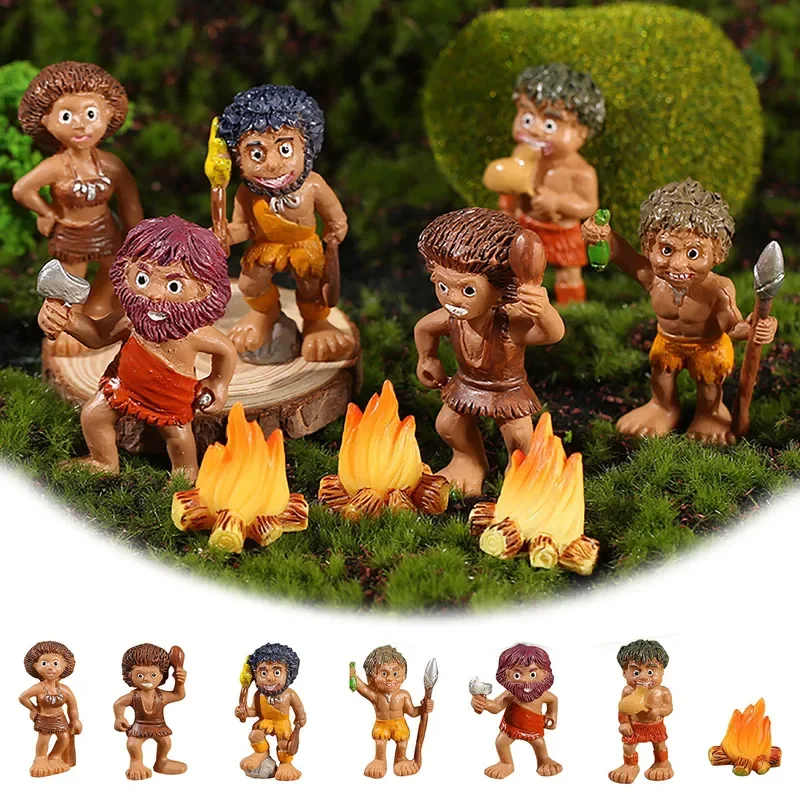 Crutches Ornament Mini Wild Man And Bonfire Figurines Miniature Resin Primitive And Camp Fire Yard Statues Outdoor And Garden