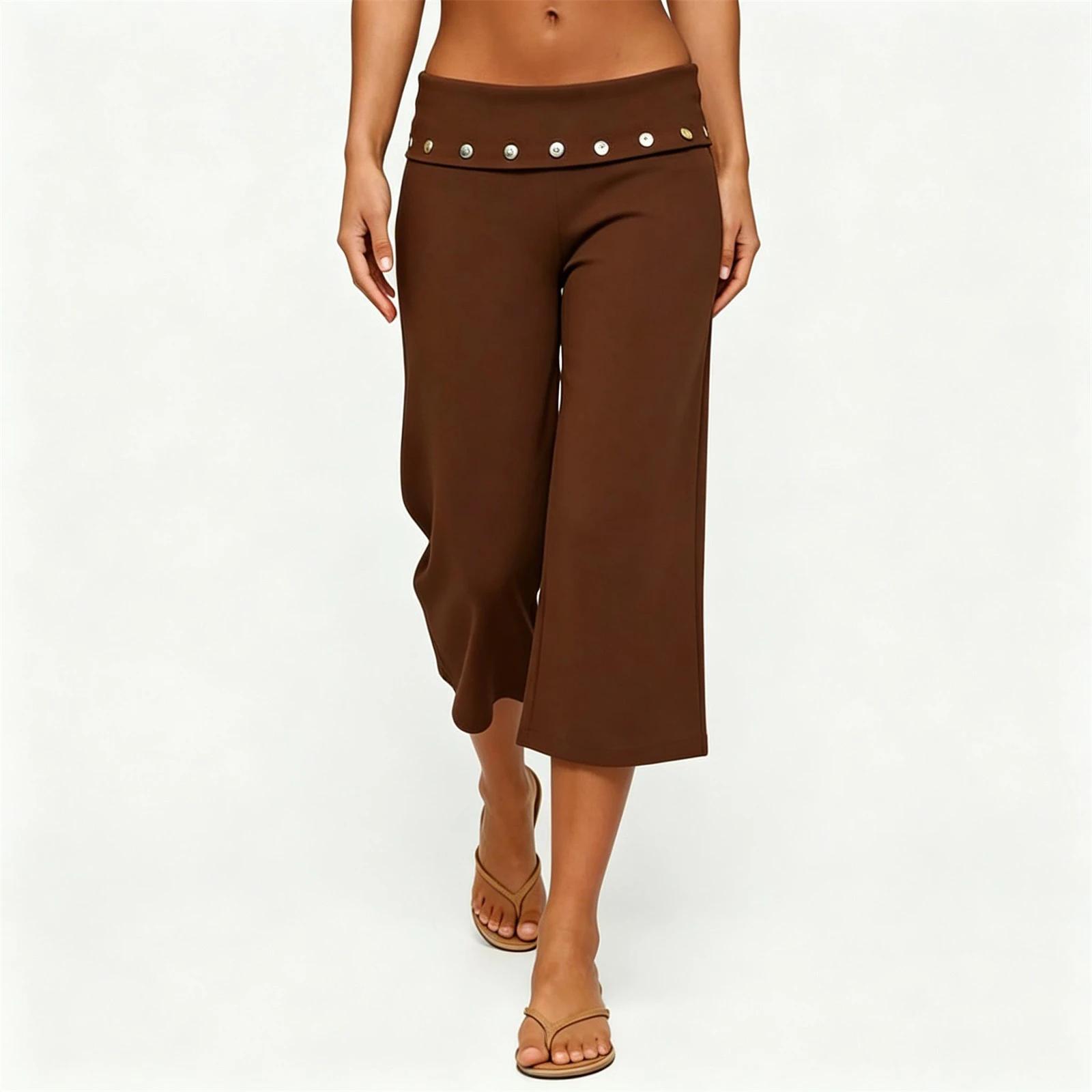 Womens Wide Leg Capris Solid Color Button Decor Fold Over Waist Loose Fit Cropped Trousers Fall Culottes