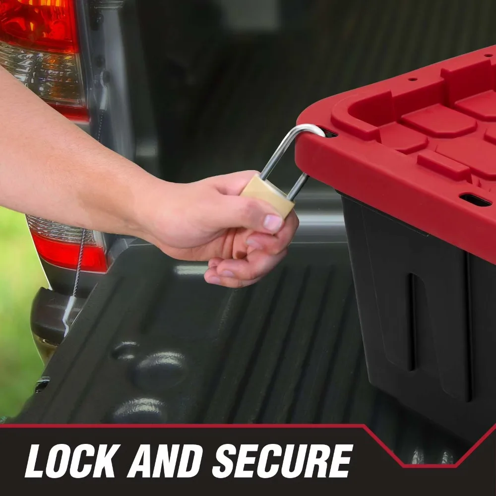 Heavy Duty Large 27 Gallon Plastic Storage Container with Snap Lock Lid Black and Red Tote Bin for Organizing