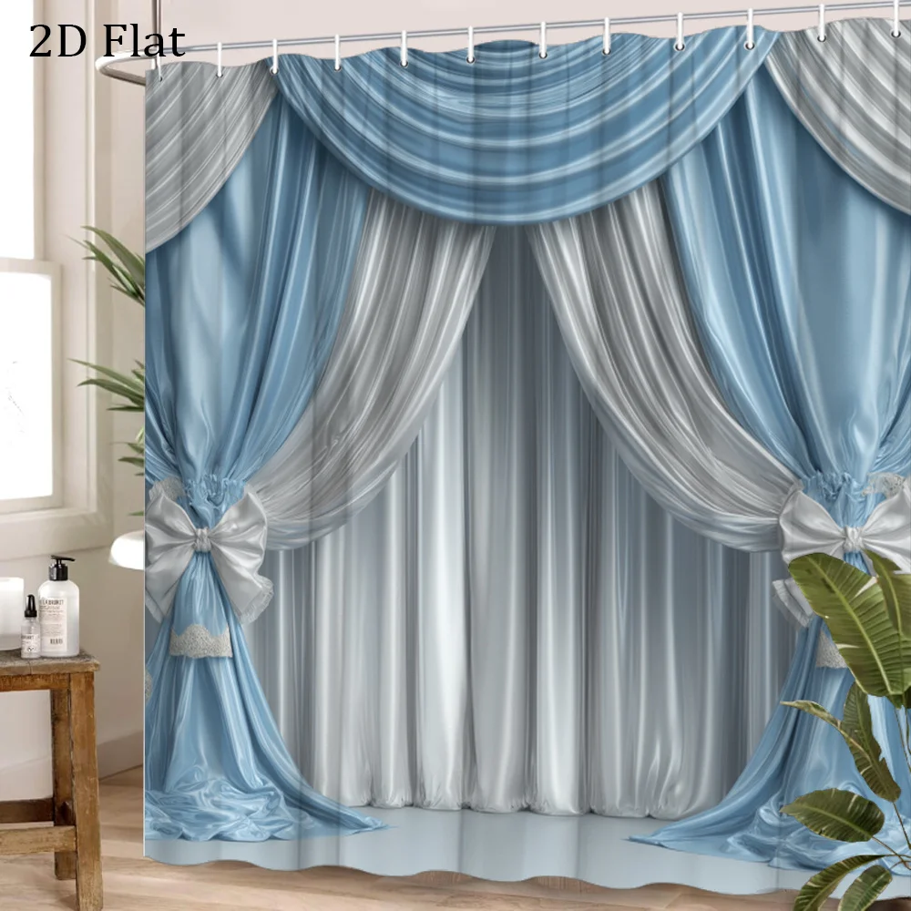 Elegant Blue and White Drapes with Bow Design Shower Curtain Machine Washable All Season Waterproof Privacy Protection 12 hooks