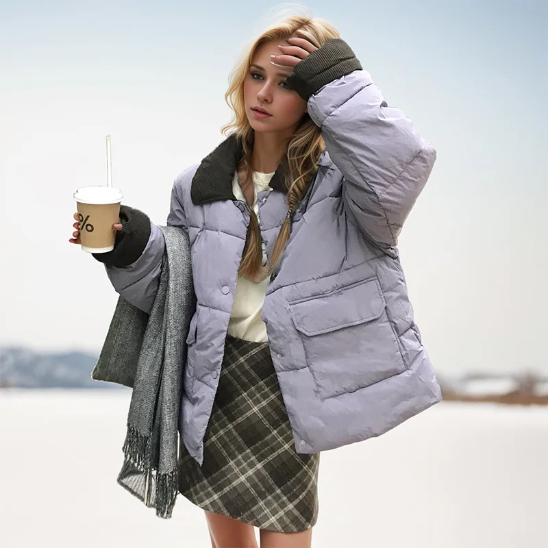 

Winter Women Cotton Jacket Female Contrast Corduroy Lapel Short Parkas Coats Padded Jacket Big Pockets Quilted Jackets For Lady