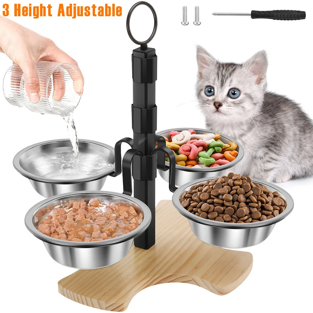 高さ調節可能な3段式キャットボウル、ペット用給餌台-​-スタンドとステンレスボウル4個付き-犬用ウォーターボウル-ペット用品