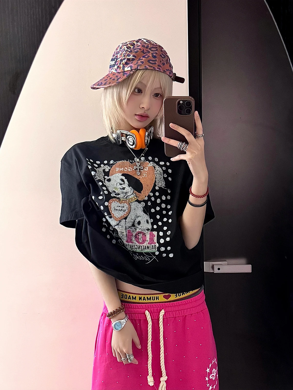 Sakura Retro Printed Cotton Tee Women's Loose Fit Short Sleeve round Neck Pure Cotton Top Summer Lazy Versatile round Neck Tee