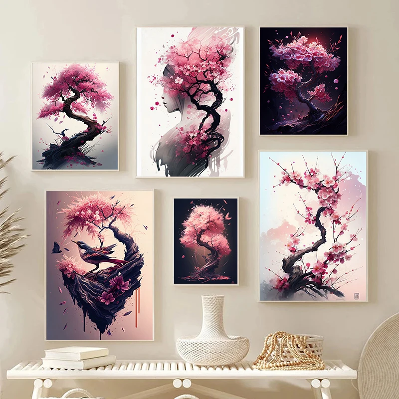 Japanese Sakura Wall Art Poster Print Canvas Painting  Pink Watercolor Cherry Blossom Aesthetic Pictures for Living Room Decor