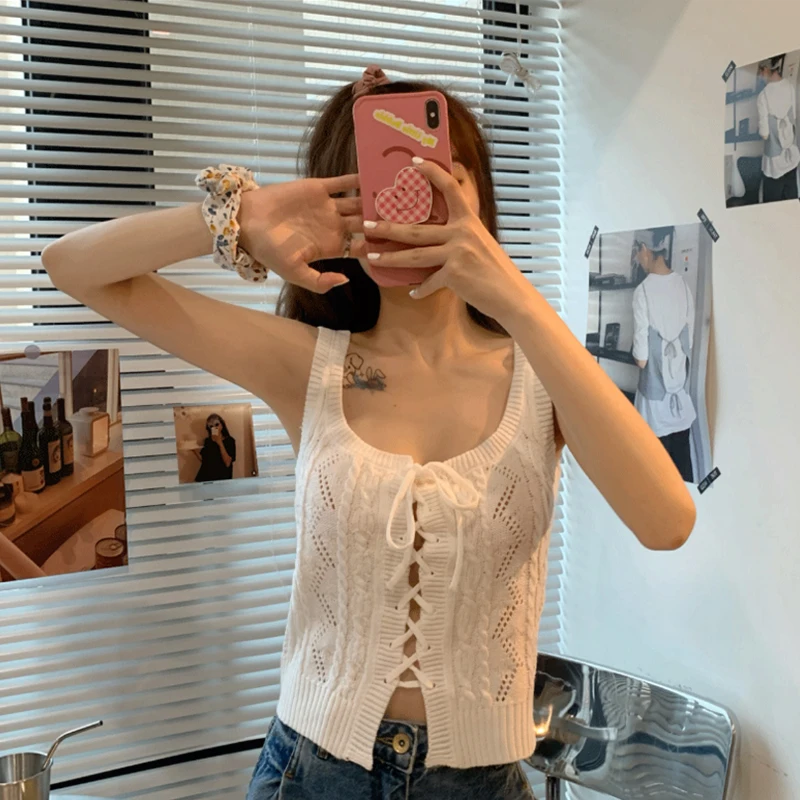 Women's Knitted Tank Top Two-Sided Wear Slimming Short Sexy Summer Casual Hollow out Short Length Commute Style Pure Color