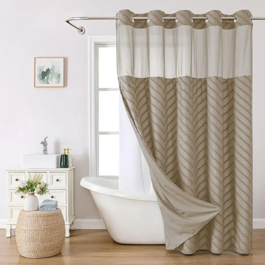 

Душевая занавеска Hook Boho Farmhouse с тканевым вкладышем на защелках, 71Wx74H72H, бежевая, с тафтинговым узором в виде шевронов, из ткани гостиничного качества