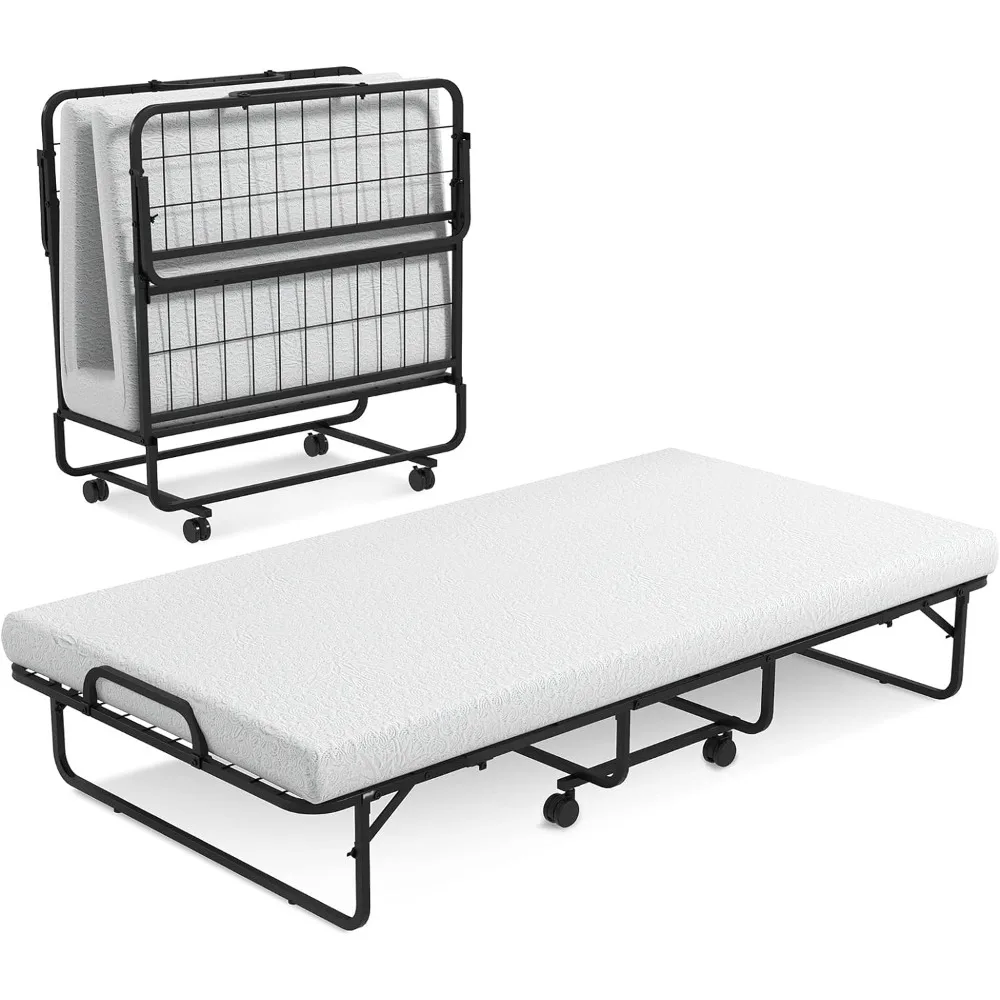 

Folding Bed with 4 Inch Mattress for Adults, Cot Size Rollaway Guest Bed w/Memory Foam Mattress & Solid Wood Slats