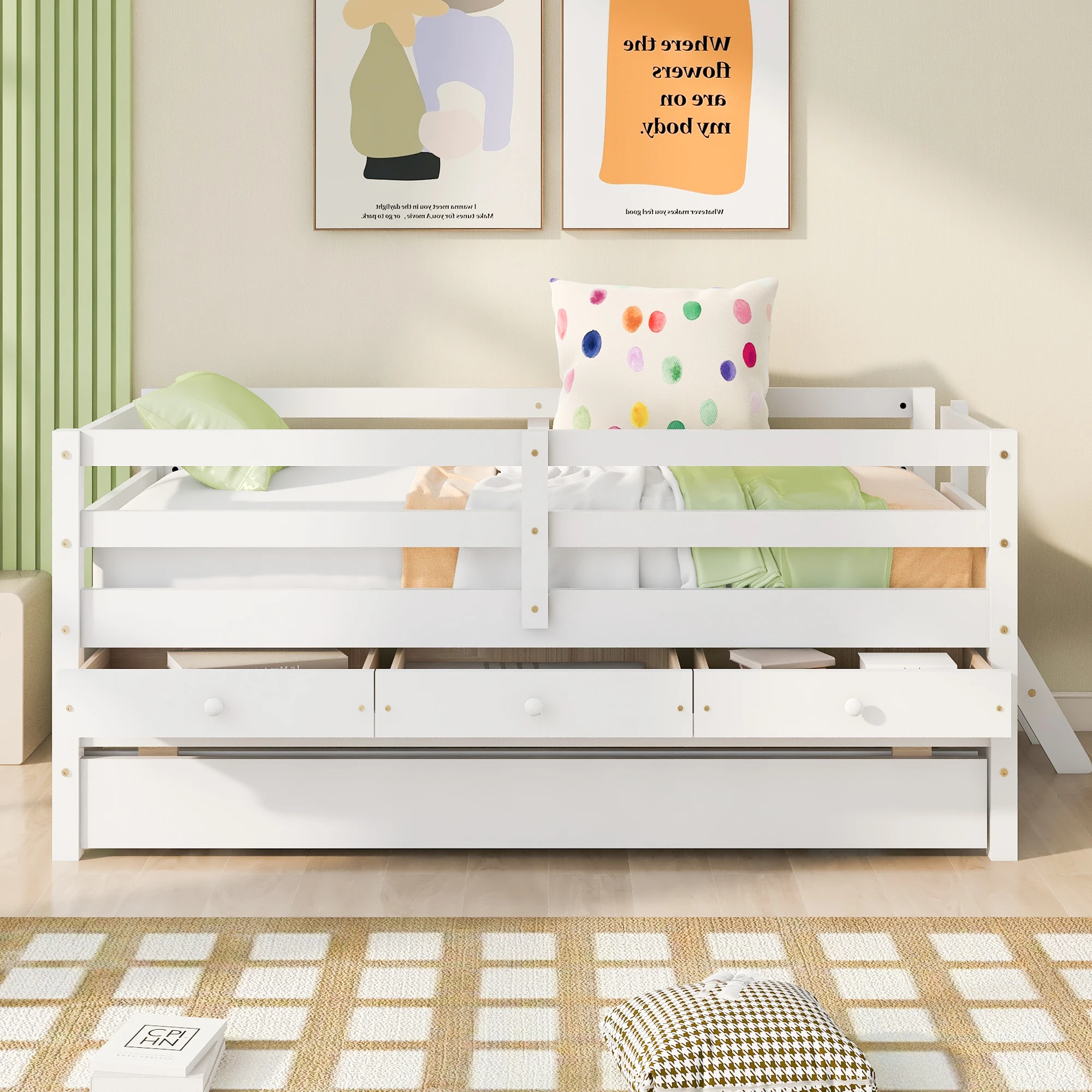 Low Loft Bed Twin Size, Safety Fence, Ladder, Storage Drawers, Trundle, White Wood 79.50x41.80x35.40 in.