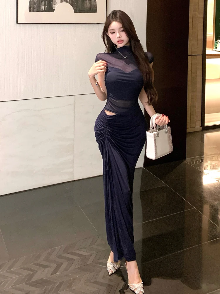 

Pure Desire Sexy Half-Transparent Mesh Splice High Collar Base Top with Drawstring Slit And Bodycon Skirt Set for Women