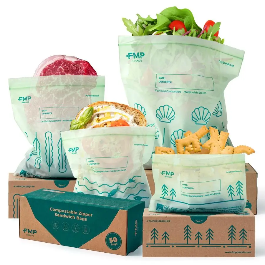 

100 Compostable Food Storage Bags Set, Resealable Bags PlantBased Freezer Bag for Food, ASTM D6400, US BPI amp EU OK Compost Ce