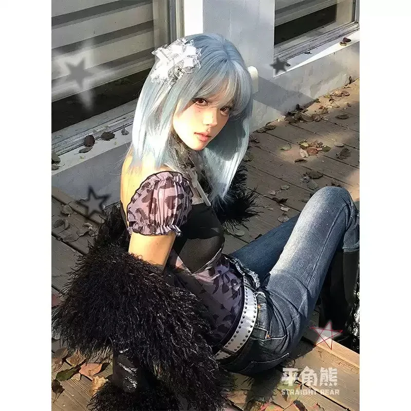 Fashion Short Straight Cosplay Wig, Ice‑Blue Synthetic Full‑Head Wig with Bangs for Lolita JK Theme Party Daily Use