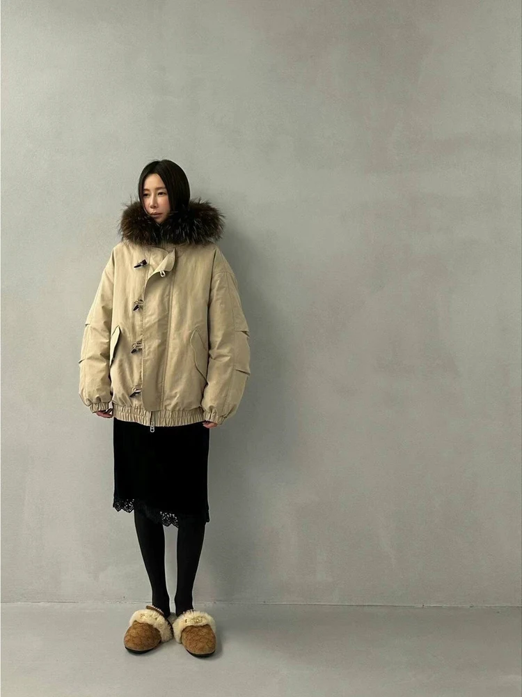 Retro Sle Women's down Jaet with Hood And Fur Collar Loose Fit ort Coat Button Closure Warmth Thi Du down Filling