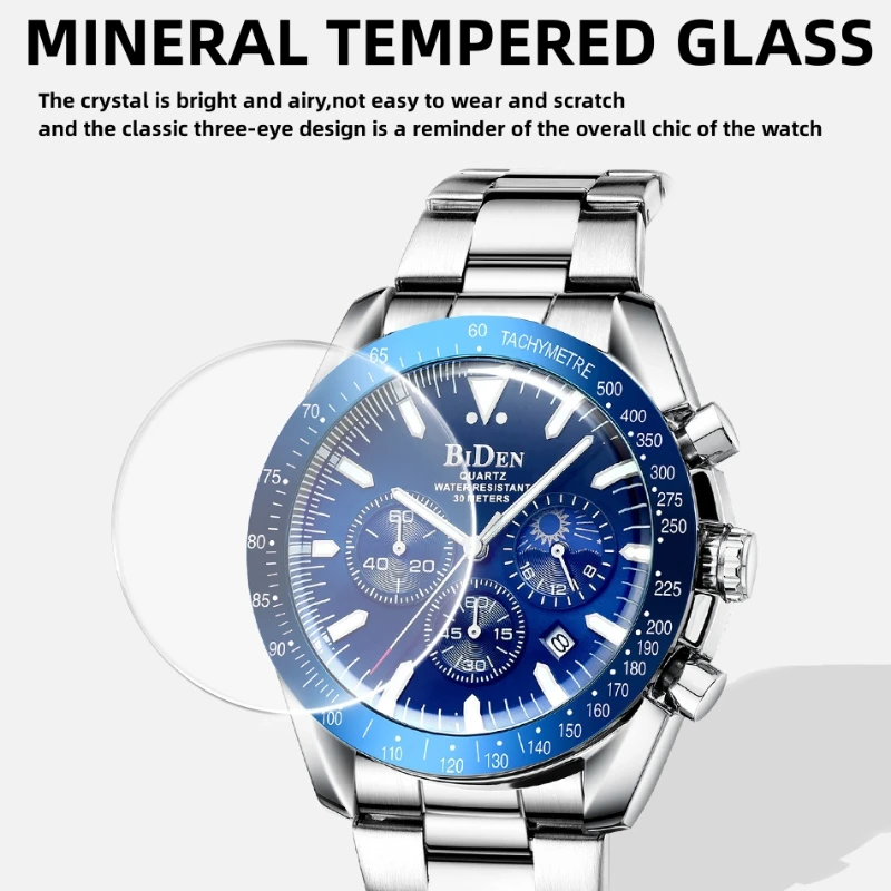 Men's fashion business watch stainless steel strap luminous waterproof calendar multi-function three-eye business watch