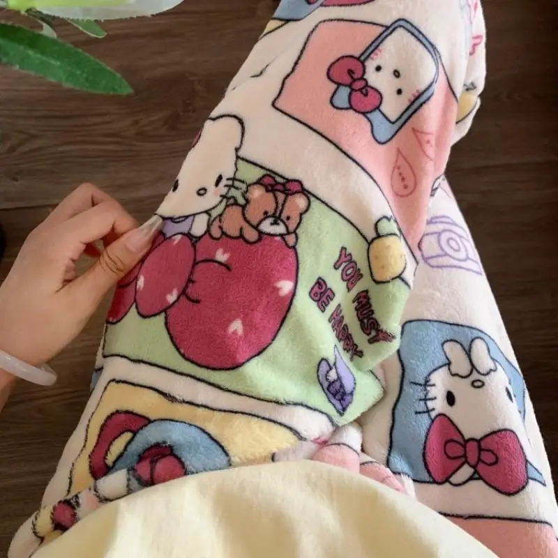 Cute Sanrioed Kuromi My Melody Hellokitty Cinnamoroll Sleeping Pants Women's Coral Fleece Autumn and Winter Cartoon Home Pants