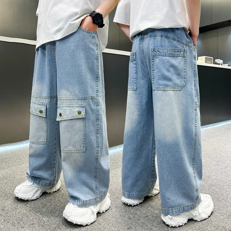 

Newly arrived Summer Boys Fashion design Jeans for Korean Kids Casual Trousers Tweens Child Loose Pocket Style Denim Pants