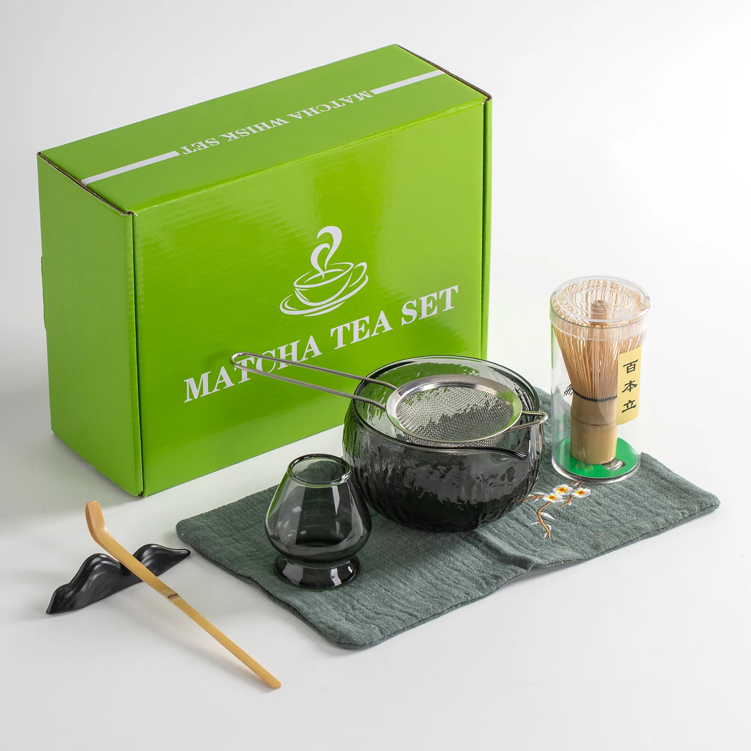 7PCS Glass Matcha Sets Hammered Transparent Round Chawan Chasen Holder Bamboo Tea Brush Traditional Tea Ceremony Culture Lover