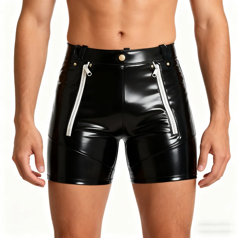 

Fashionable Latex Rubber Sports Shorts with White Zipper on Both Sides for Halloween Handmade Customization