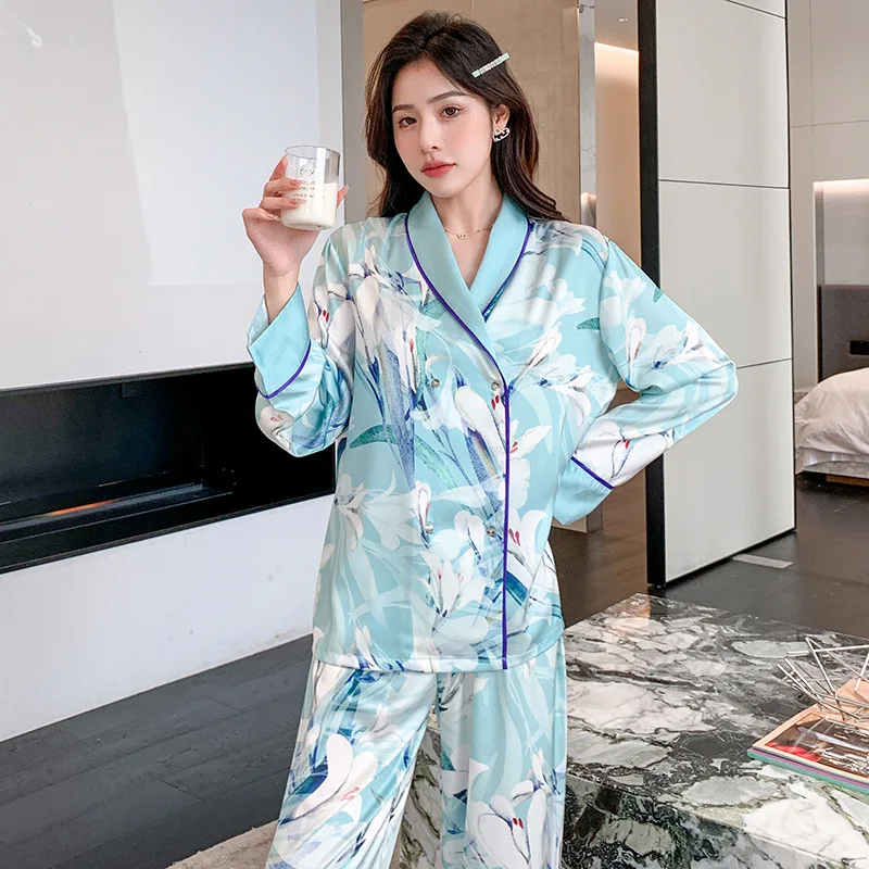 

2PCS Printing Pajamas Set Turn Down Collar Sleepwear Loungewear Sleep Suit Women Casual Home Wear Lingerie Long Sleeve Pyjamas