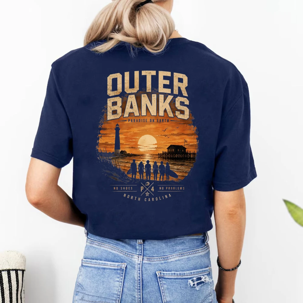Outer Banks‑Inspired Cotton T‑Shirt Vintage Sunset Lighthouse Crew Silhouette Graphic  Black Tops TV Show Fan Casual Streetwear