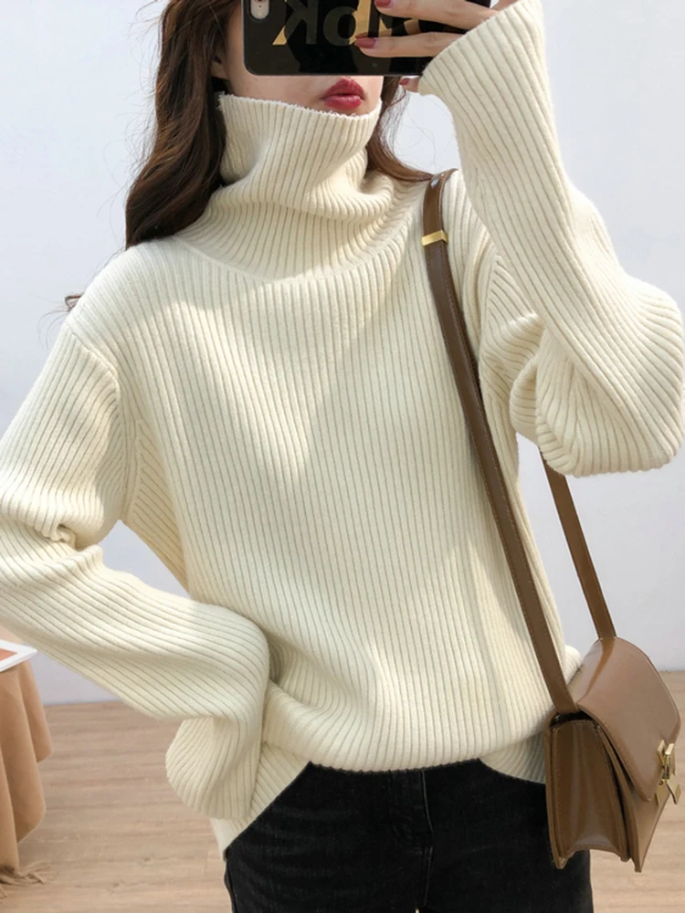 

2025 Women Turtleneck Sweaters Autumn Winter Loose Pullover Women Basic Tops Casual Thick Soft Knit Sweater Soft Warm Jumper