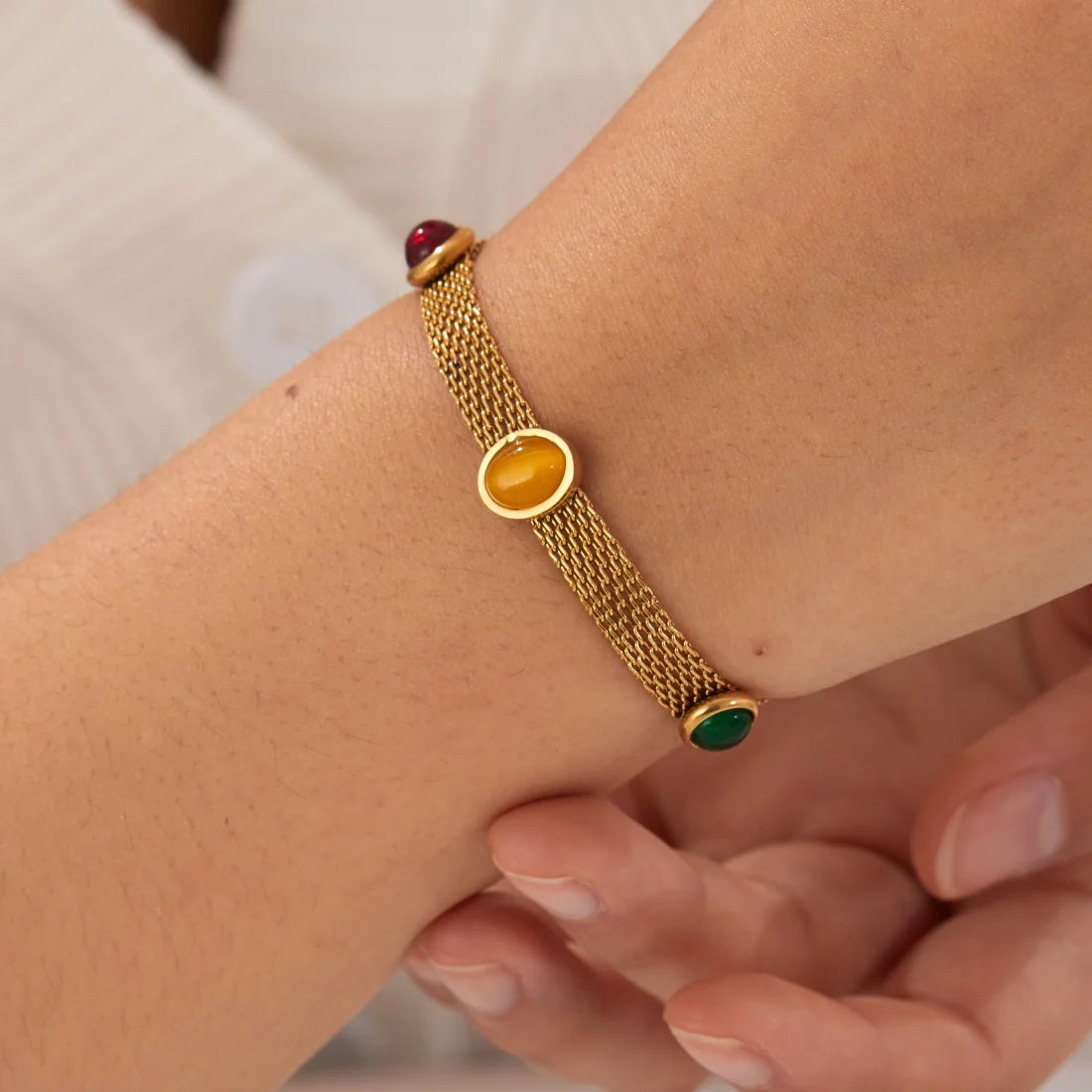 3-Farben Kristall-Einlage Kreisförmiges Elliptisches Zubehör Armband Damen 316L Edelstahl Breite Schlangenkette Handkette
