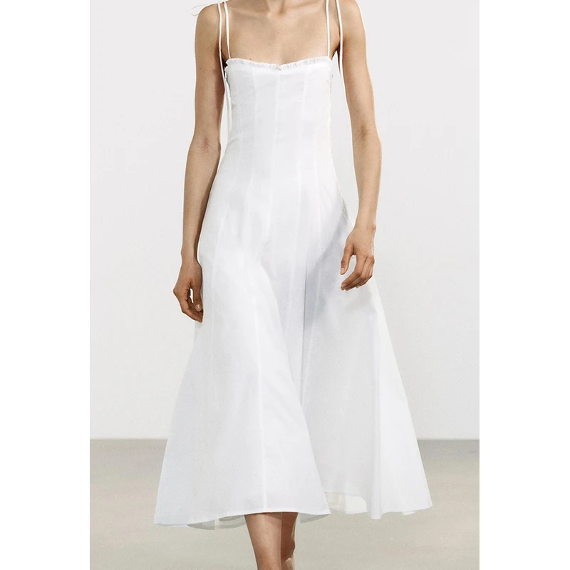 فستان نسائي جديد لموسم الربيع والصيف مع زخرفة فيونكة وياقة على شكل قلب وطبقات متعددة من الحرير بخصر مرتفع وتنورة طويلة