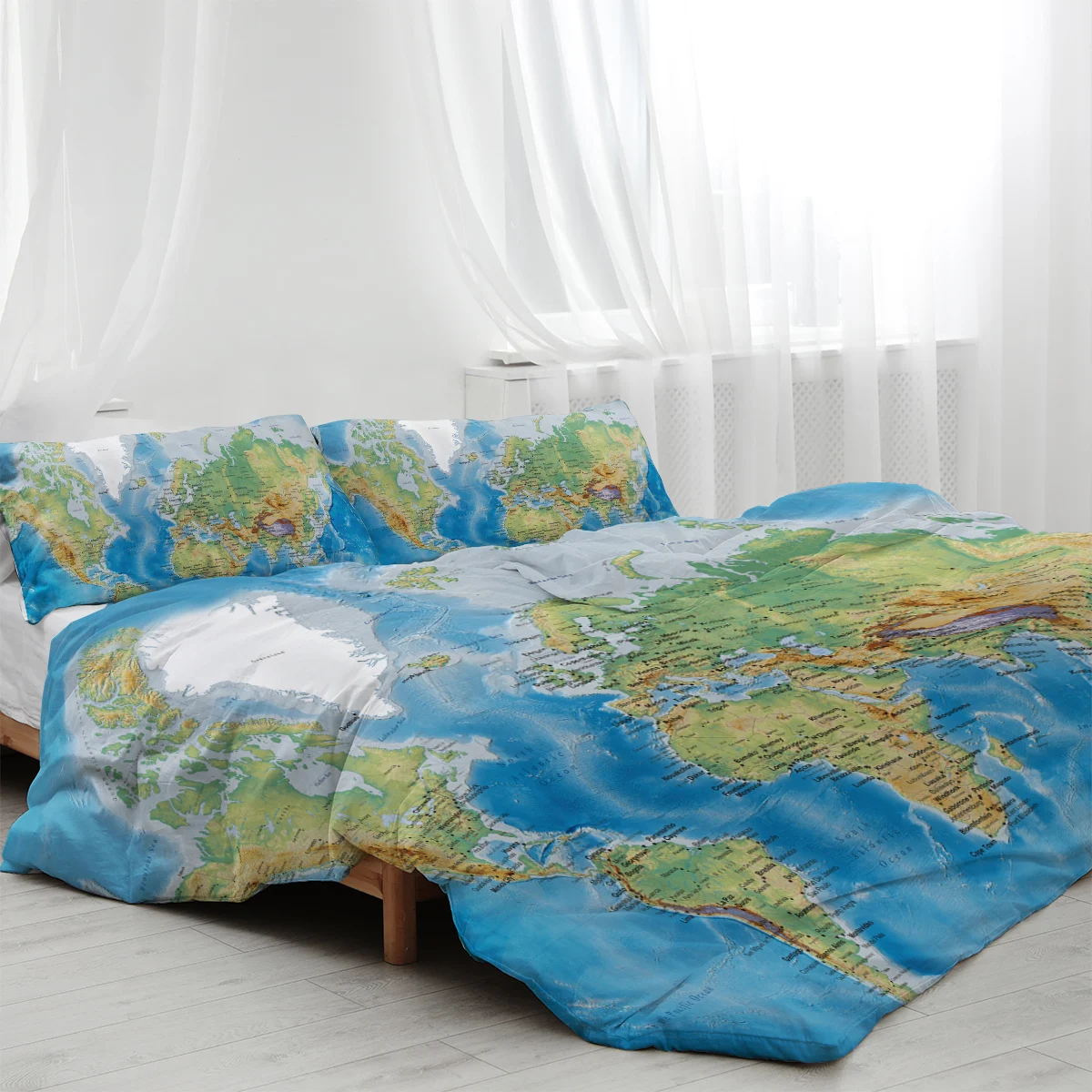 World Map Design Bedding Set Decorative 3 Piece Duvet Cover with 2 Pillow Shams