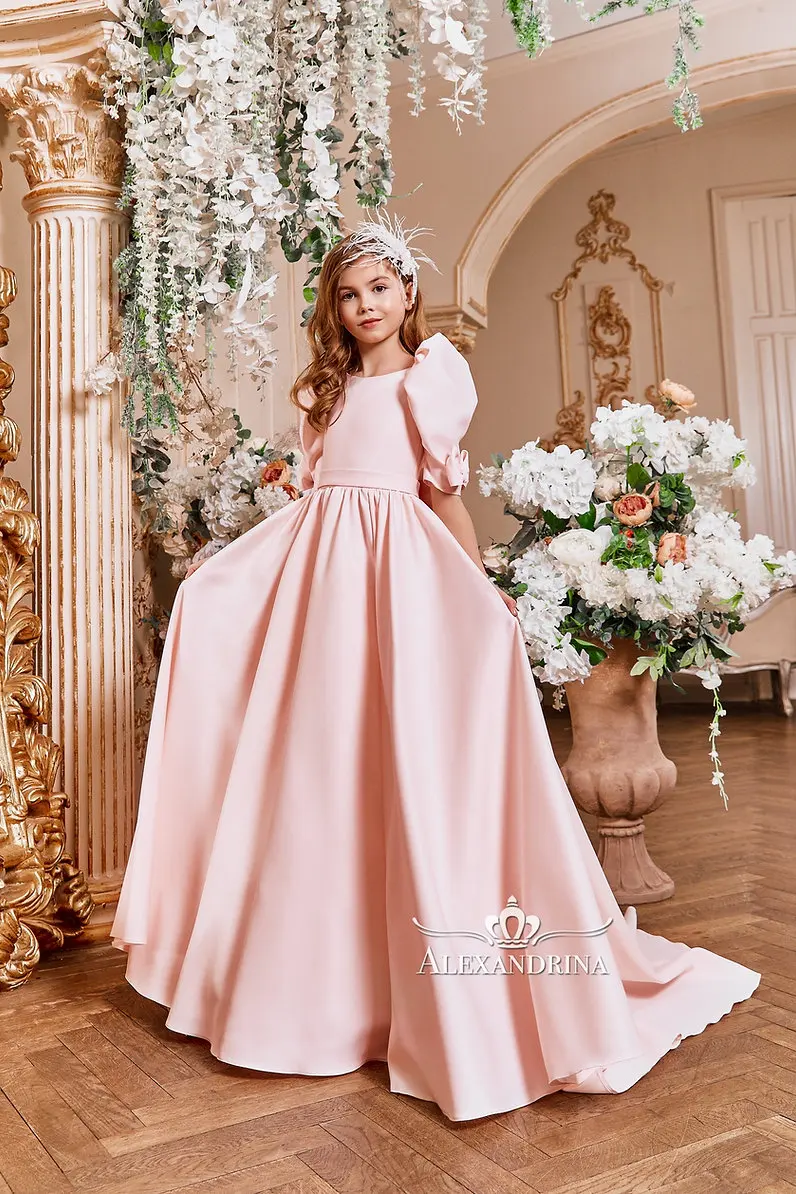 Princesa arco cetim meia mangas vestido da menina de flor para ocasião especial crianças festa dama de honra aniversário casamento pageant photoshoot