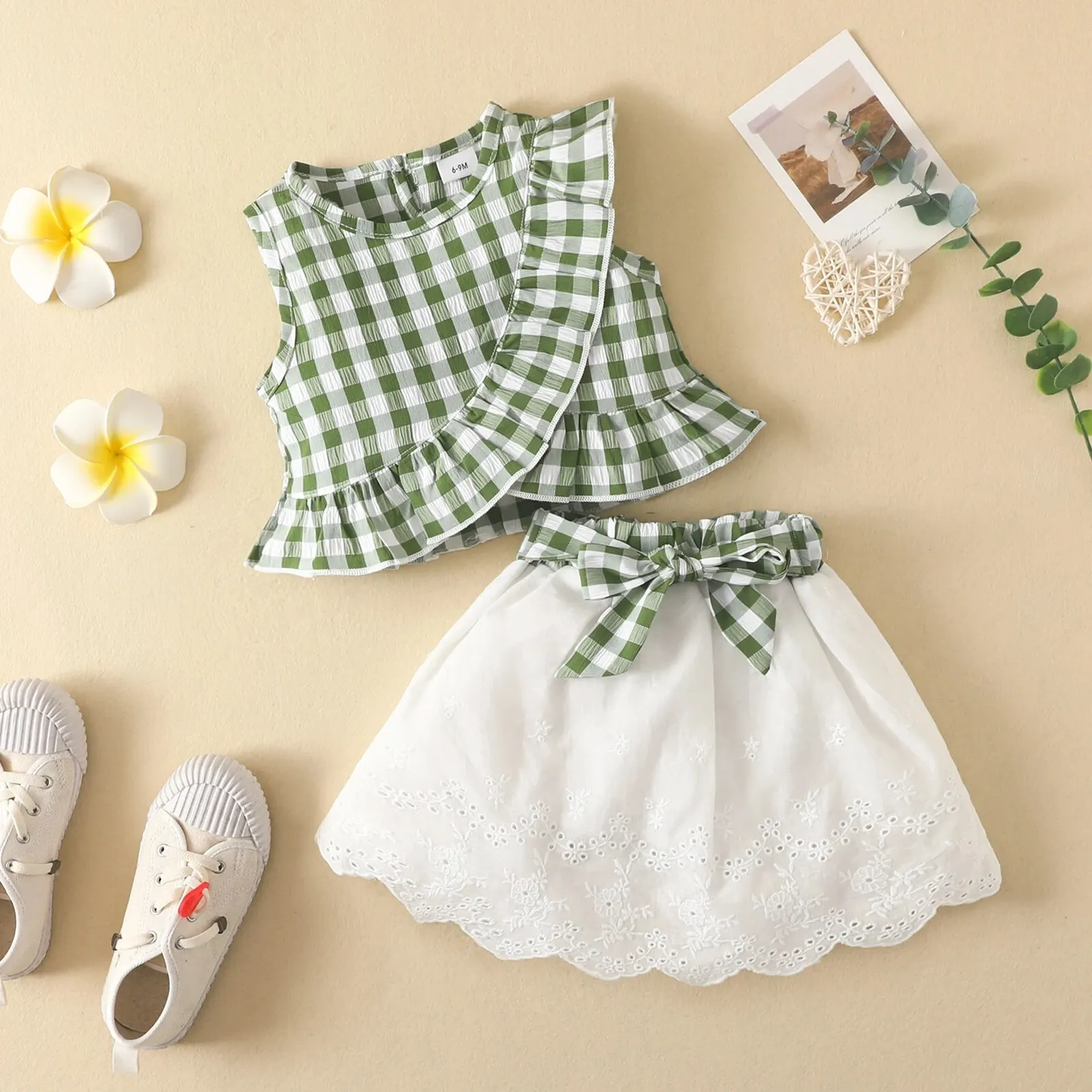 Charming Girls\' Summer Ensemble: Sleeveless Plaid Ruffle Top & Lace Hem Skirt - Comfy, Durable & Stylish