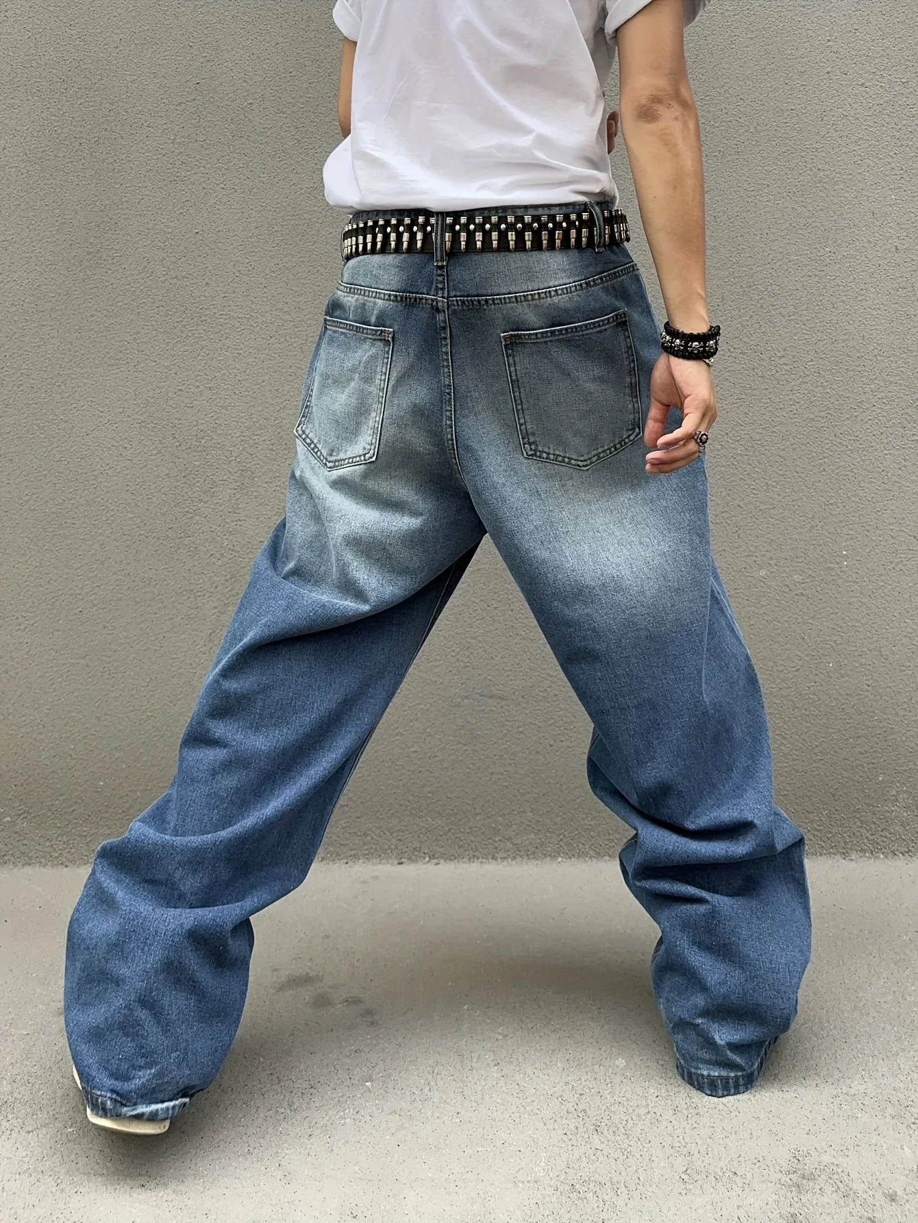 Men's loose wide-leg jeans, casual cotton-blend jeans, outdoor wear in all seasons, without waistband