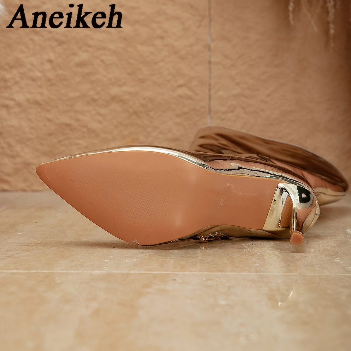 Aneikeh 2024 Autumn Gold Patent Leather Bling Sexy Thin High Heel Pointed Toe Knee High Modern Chelsea Boots