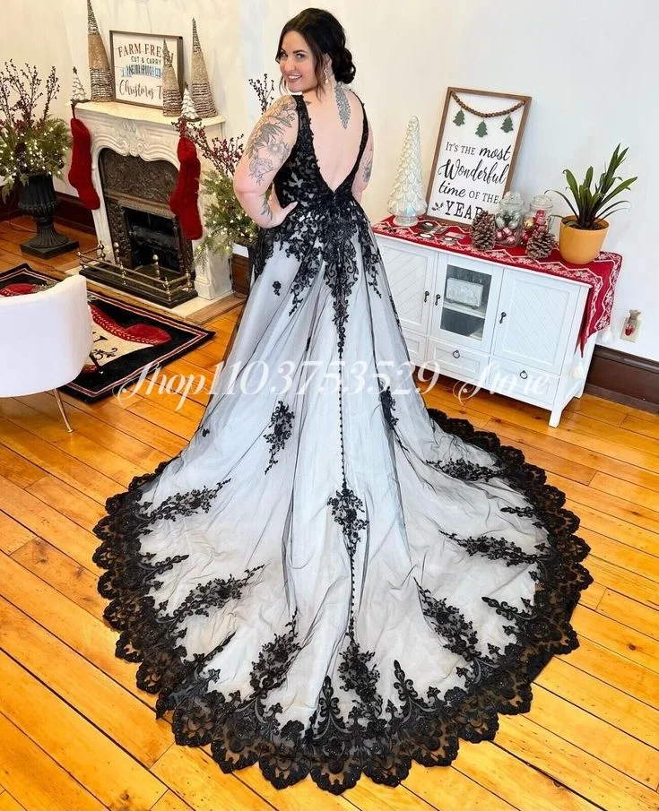 Gothic V-Hals Trouwjurken Zwart Wit Geborduurde Mexicaanse Bruids A Line Couture Lange Formele Gelegenheid Vestidos De Novia