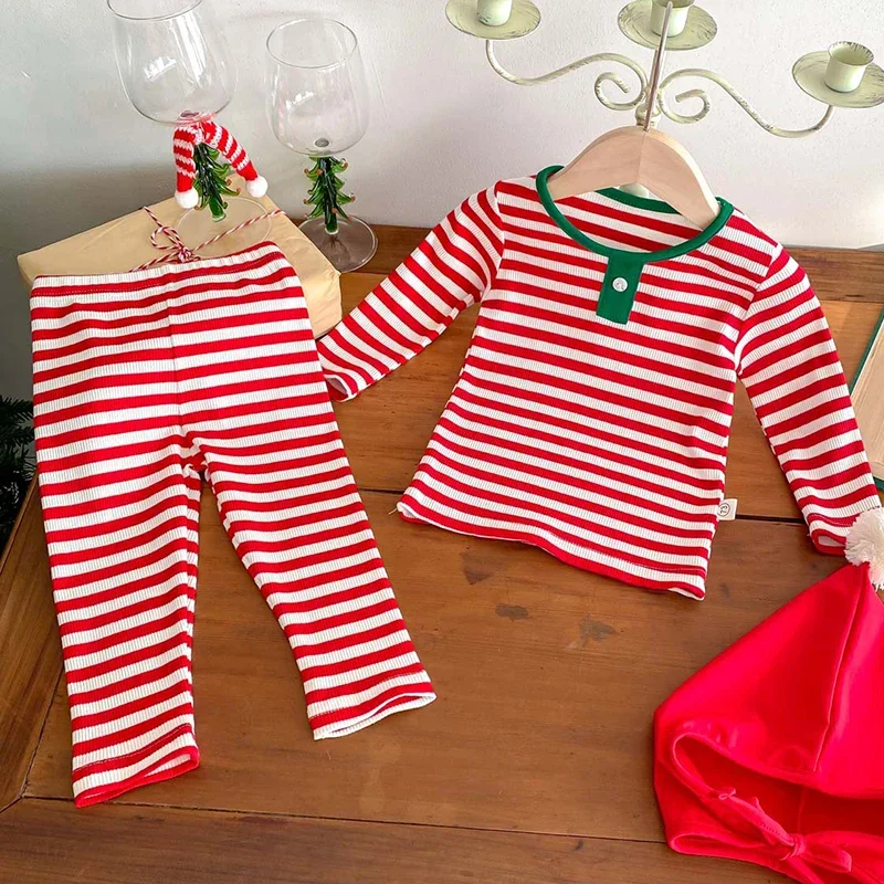 2024 Christmas Costume New Year Clothing Suit Newborn Baby Boys Girls Clothes Set Long Sleeved Cotton Striped T-shirt+Pants