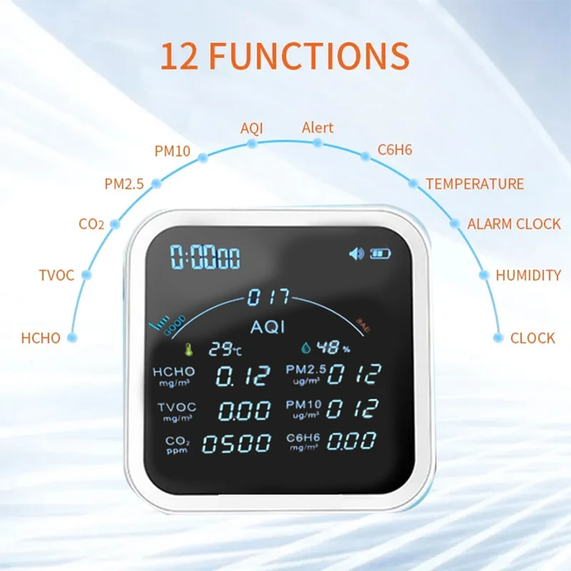 Tuya Wifi CO2 HCHO H6C6 TVOC PM2.5 PM10 Meter Thermometer Hygrometer Clock Alarm Air Pollution Monitor PTH-9BW