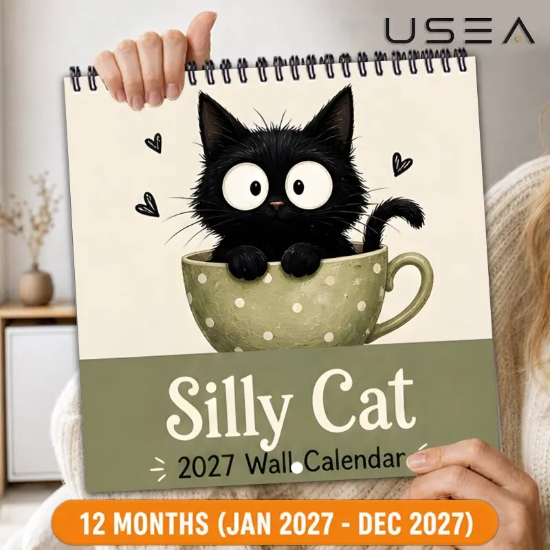 2027 Square Spiral Wall Calendar,2-Month Planner,US Federal Holidays & Lunar Phases,Silly Black Cat Design, Ideal Christmas Gift