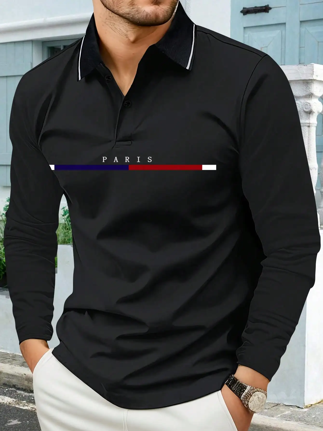 

Men's Long Sleeve Polo Shirt with Color Block Stripe Design, Casual Lightweight Fit for Daily Wear